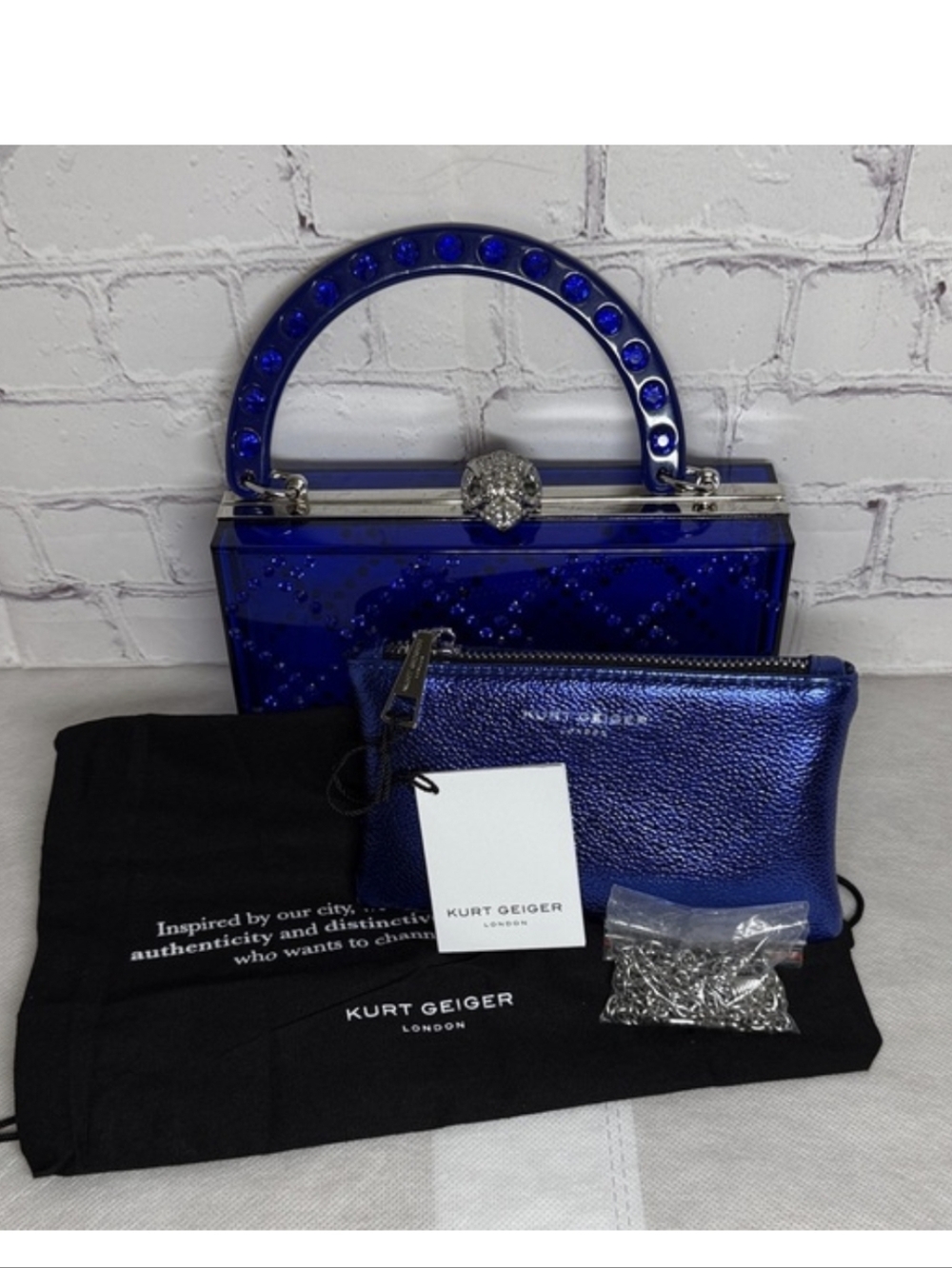 Kurt Geiger 4 PIECE London Blue Quilt Box Clutch Purse Pouch+DustBag & Chain NWT
